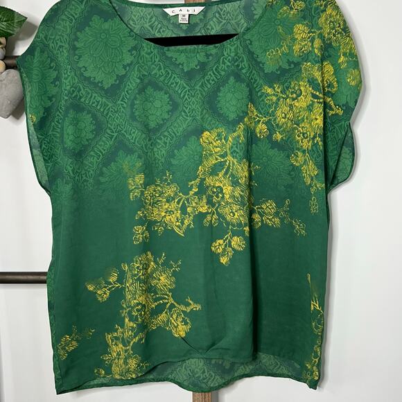 Cabi Style 597 Green Envy Medallion Yellow Floral Cap Sleeve Blouse Size Medium - Picture 3 of 7